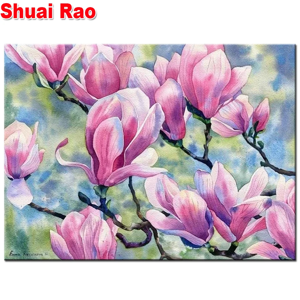 

Diamond Painting Magnolia Full Square round DIY Diamond Embroidery beautiful pink flower Beadwork Mosaic diamond set Scenery