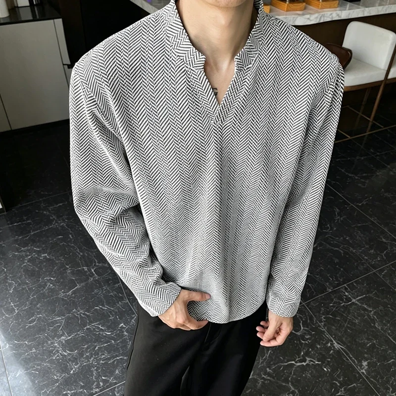 Mens Lightweight Pullover Shirt Notched V Neck Long Sleeve Herringbone Jacquard For Street Activities