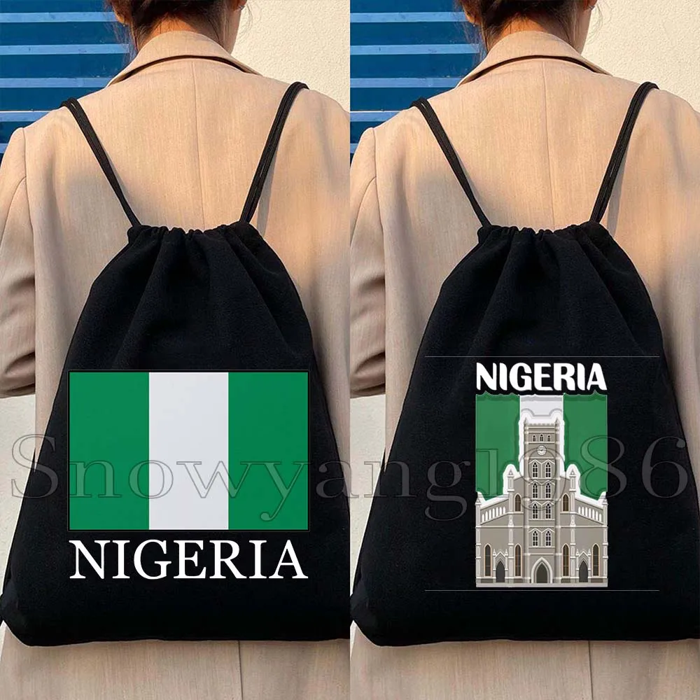 Nigeria Country Map Flag Nigerian Gift Canvas Drawstring Bags Soccer Backpack Gym Sackpack Cotton String Bag for Sports Yoga