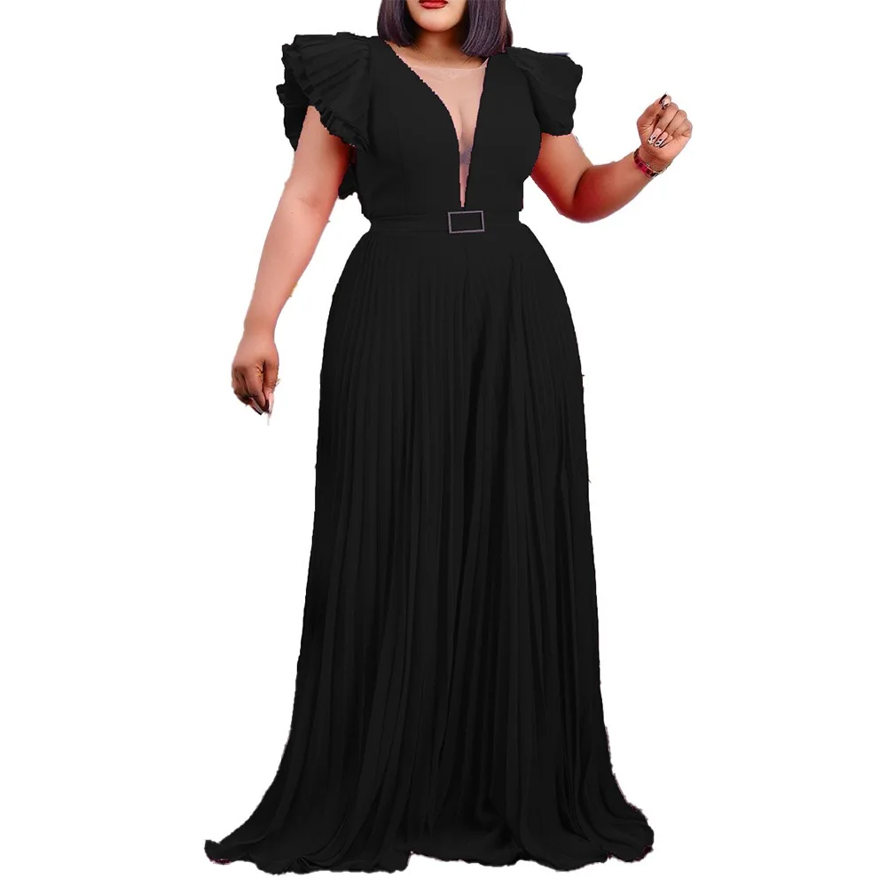 Elegant Jumpsuits Luxury for Women Wedding Pleated Round Neck High Waisted Floor Length Evening Party Dinner Overalls Cloth New