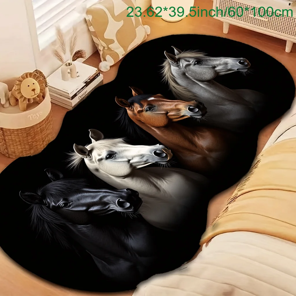 VIKAMA Four-Horse Shaped Long Strip Carpet Anti-Slip Bedside Mat, American Western Style Bedroom Decorative Area Rug Home Decor