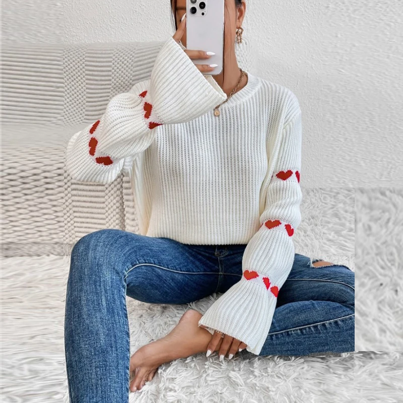 Autumn Round Neck Ribbed Knitting Sweater Women Jacquard Heart Long Sleeve Top Pullover Winter Casual Loose Warm Jumper Harajuku