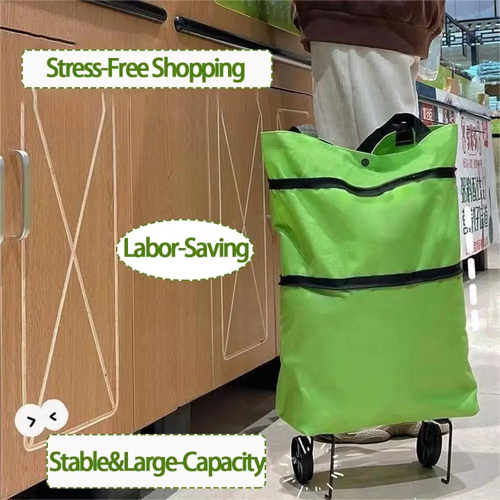 Foldable Shopping Bags With Wheels Portable Roller Tote Grocery Market Cart Caddy Oxford Fabric Reuseable Lightweight Bags Green view 5