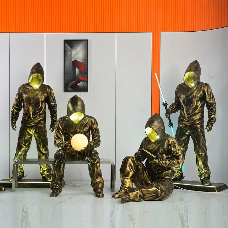 Creative Electroplated Humanoid Copper Sculpture Sitting Figure Art Ornament for Bar KTV Mall Home Decor Modern Playful
