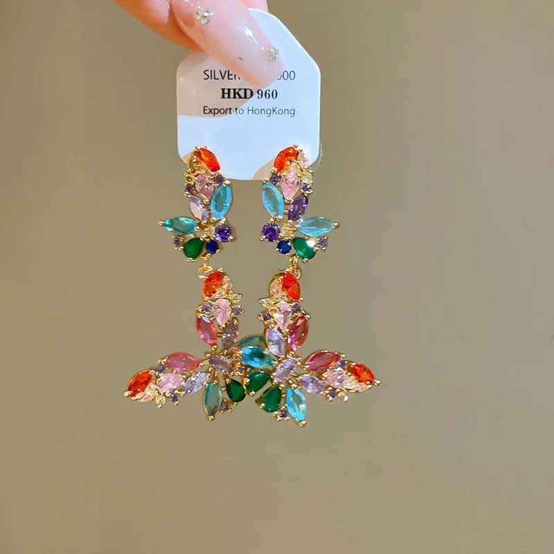 Minar Fairy Contrasted Color Full CZ Cubic Zirconia Butterfly Wings Long Drop Earrings for Women 14K Real Gold Plated Copper