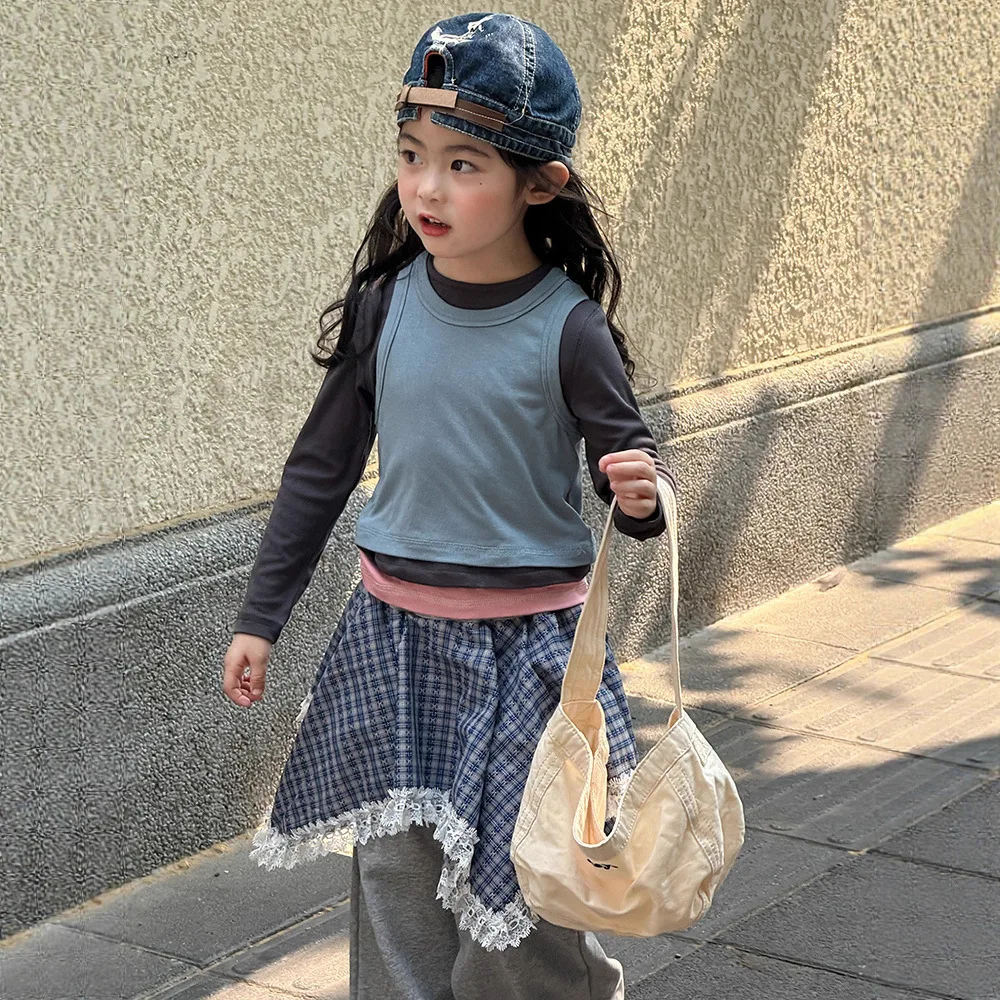 

2025 Autumn New Girls' Fake Three Contrasting Base Layers T-Shirts Layered Bottom Tops