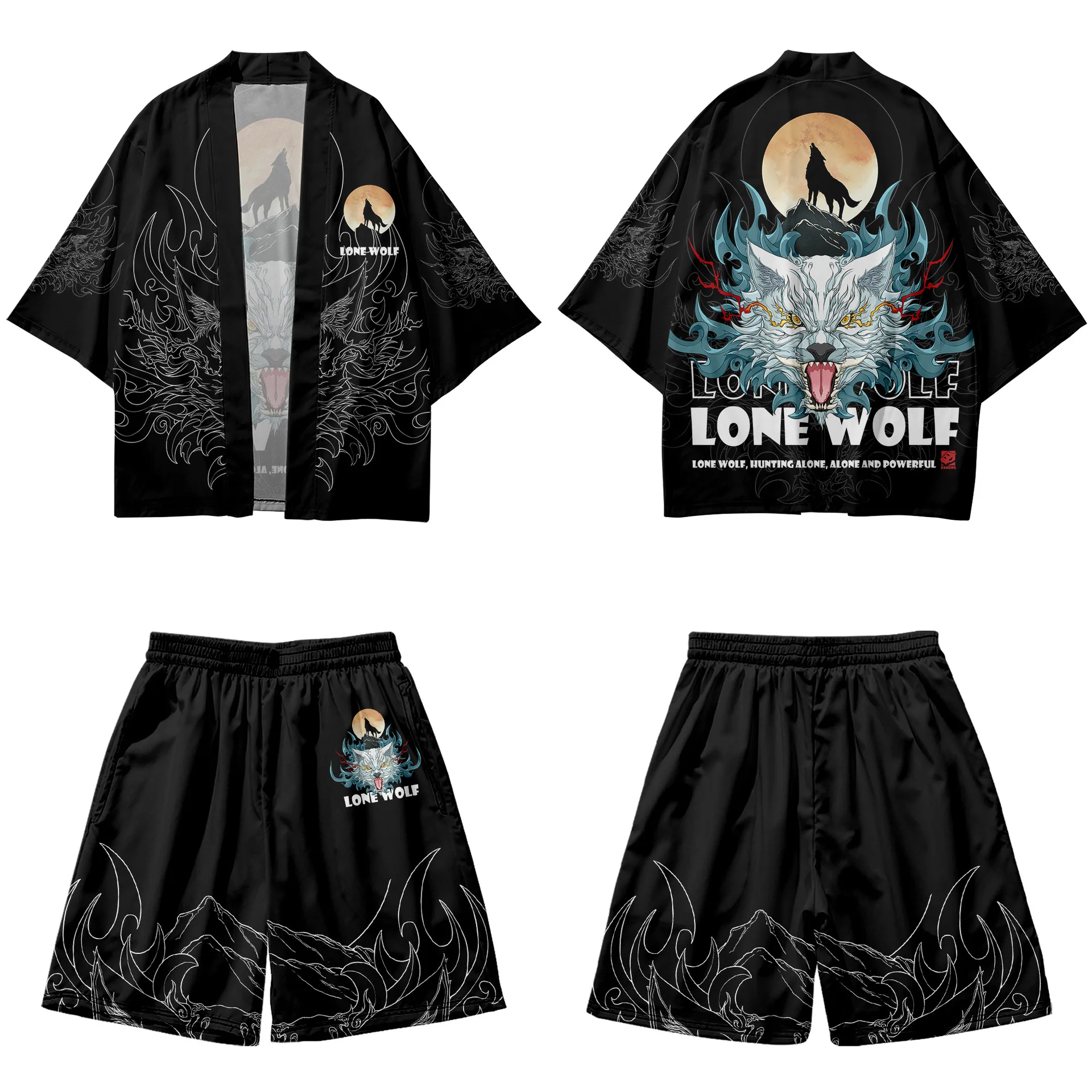 

Fashion Flower Wolf Print Harajuku Kimono Shorts Sets Two-Piece Suit Yukata Japanese Traditional Cardigan Women Men Haori