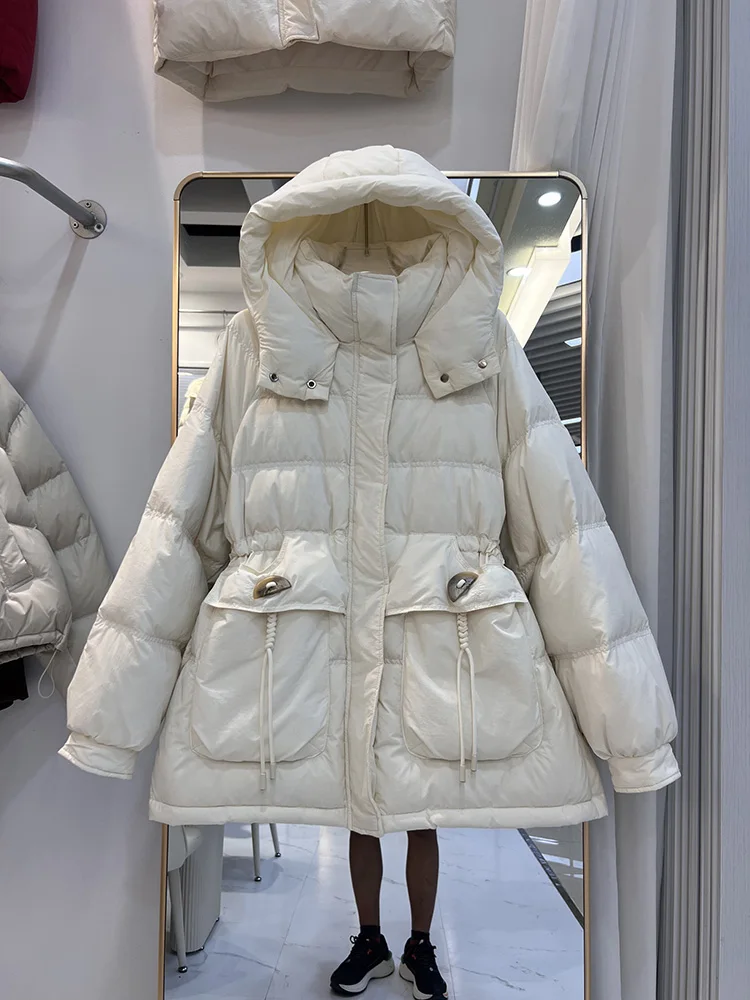 Women's 2025 Winter New Fashion Hoodie Large Pocket Half Grain Buckle Drawstring Design Sense White Duck Down Coat