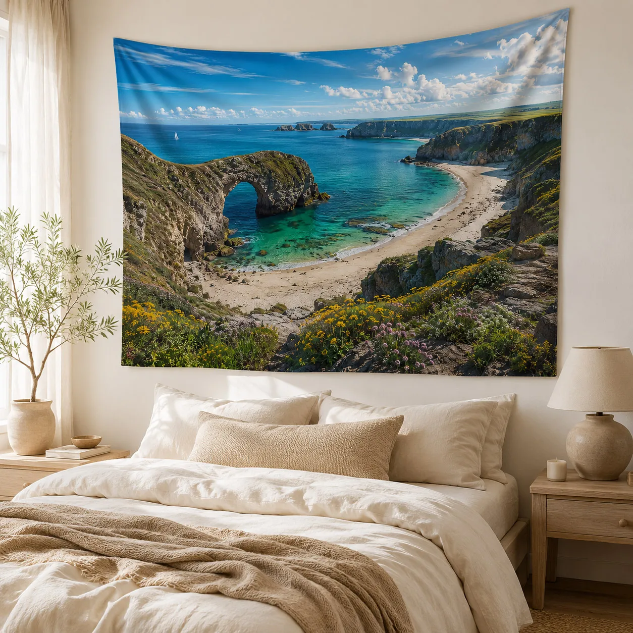 Coastal Sea Arch Tapestry Beach Cliff Ocean Landscape Wall Hanging Nature Wall Decor for Bedroom