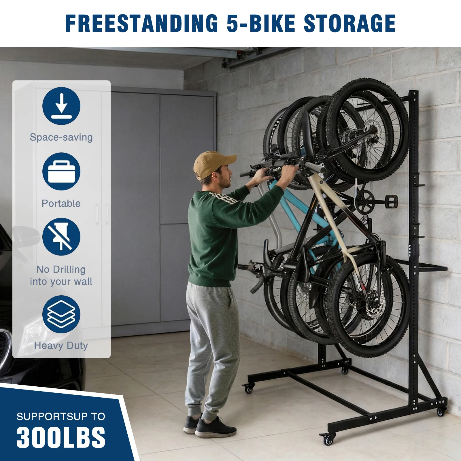 

Heavy-Duty Bike Holder with Locking Casters & 6 Hooks Space-Saving Bike Stand Holds Up To 5 Bikes Height Adjustable for Garage