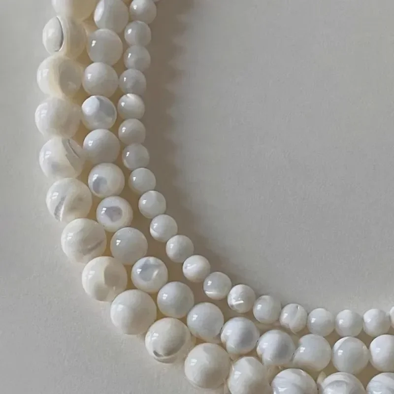 Minar Elegant 4 6 8mm Clear White Color Round Natural Shell Beaded Necklace for Women Silver Plated Chain Beads Strand Chokers