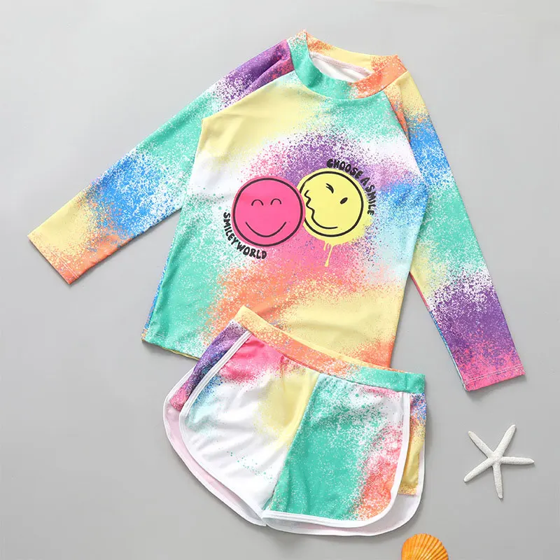 Girls Swimsuit Fashion Split Two-piece Swimwear Sets for Kids Sunscreen Quick Dry Long Sleeve Swimming Suits Teen Beach Clothing