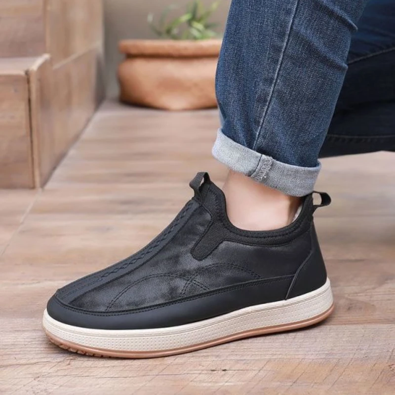Winter New Men's Comfortable Thick Sole Anti Slip Merino Wool Snow Boots Fleece Lined High Top Slip On Casual Korean Style