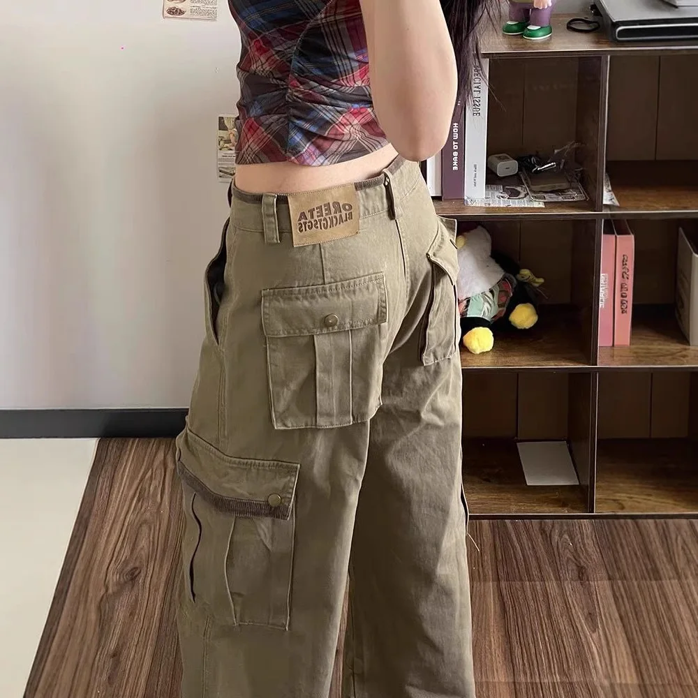 American Retro Multi-Pocket Cargo Jeans For Women 2025 Spring High Street Wide-Leg Loose Slimming Straight Floor-Length Pants
