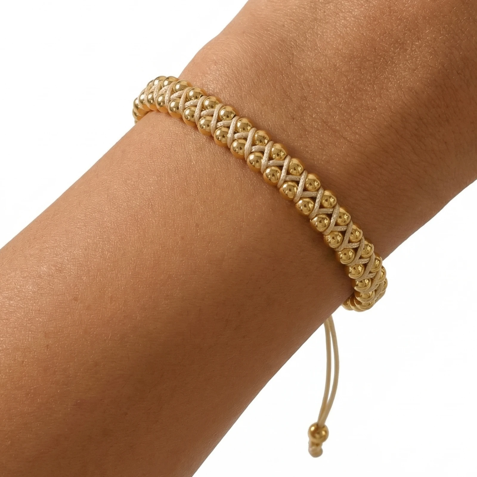 1pc Gold Color Copper Beaded Bracelet with Round Metal Beads Tie Cord Closure Boho Wide Wristband Gift for Her