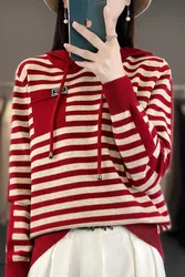 Autumn new fashionable and stylish hooded striped color blocked casual knitted sweater for women, pullover long sleeved top