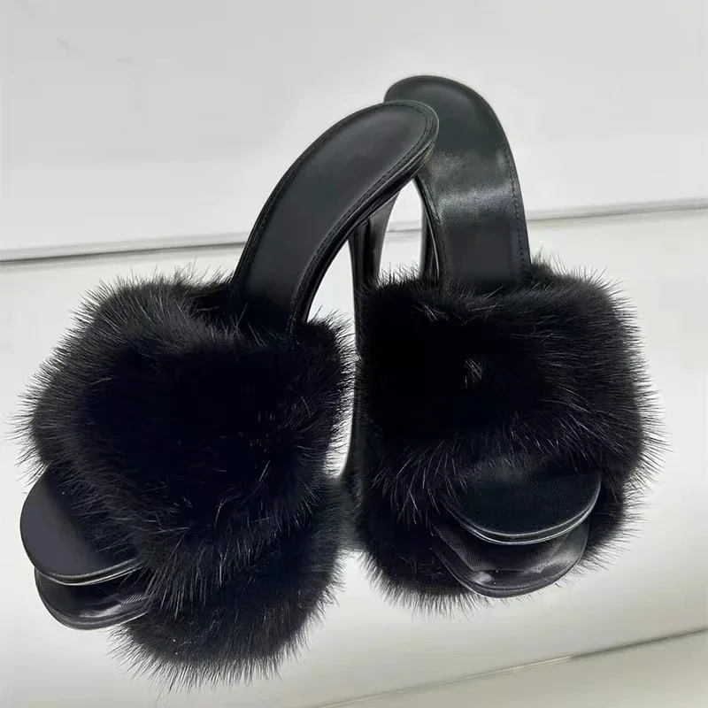 Mink fur high heels, women's slim heels, European and American summer new open toe sexy fish mouth banquet slippers