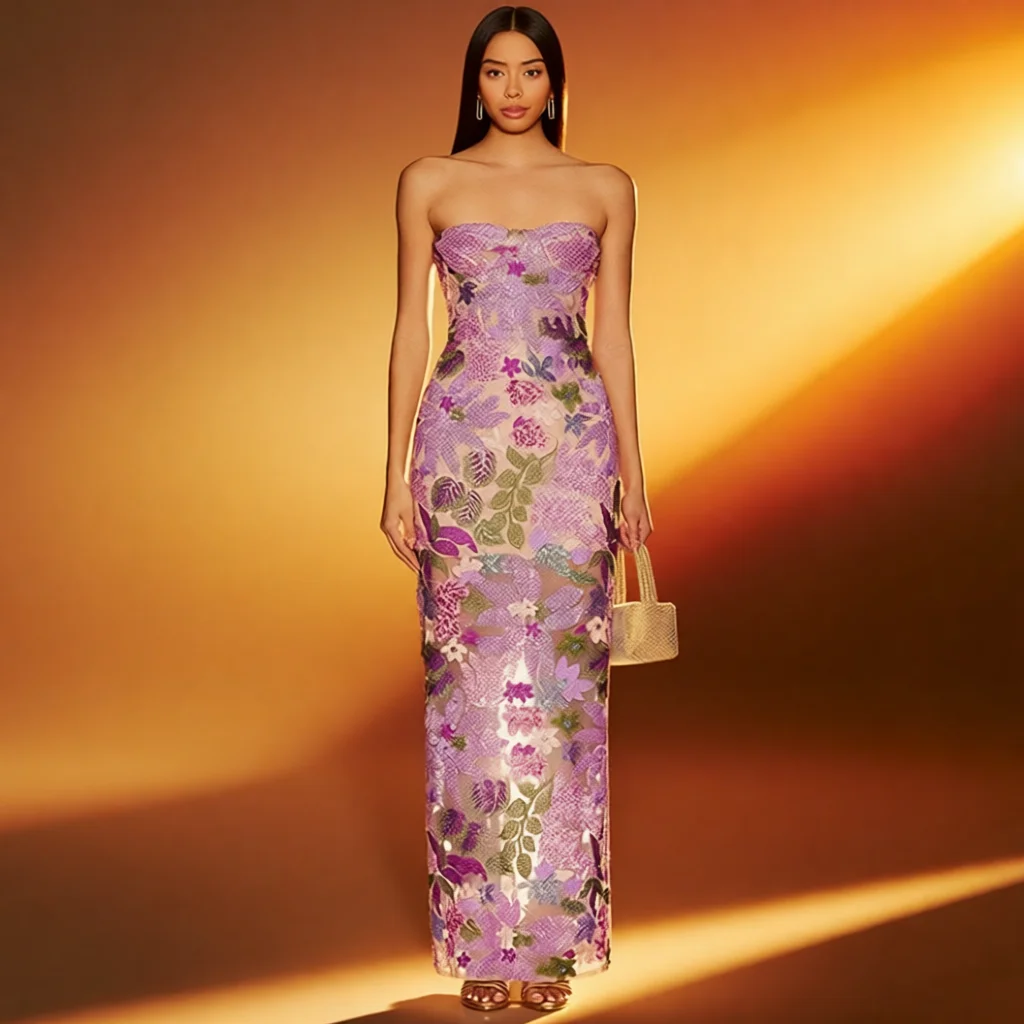 Heavy Embroidery Sequin Bustier One Step Skirt Slimming Sexy Split Long Dress Evening Gown Women's Fashion Summer Sleeveless