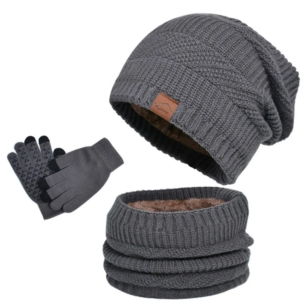 

3pcs Solid Color Hat Scarf Gloves Set Warm Thicken Thermal Knit Cap Thermal Protection Wool Winter Beanie Hat Cold Weather