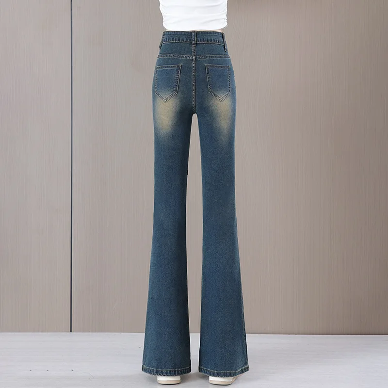 Women's Fall High-Waisted Jeans, Lightly Stretch Blue Denim Flared Pants with Patchwork Accents, Asian Sizes.