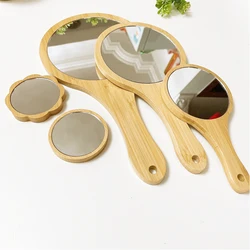 New Small Portable Bamboo Makeup Mirror Handmade Handle Round Cosmetic Mirror with Single Handle Personal Vanity Handheld Mirror