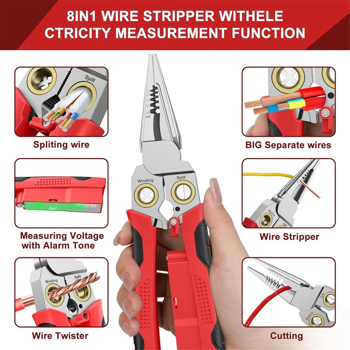 ABNJ Multifunctional Wire Stripper Twister for Cutting and Pulling Wires,Cable Scissors,Voltage Tester Plier,12V to 250V Live