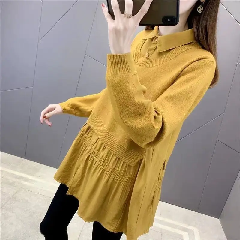 Casual Korean Fake Two Pieces Solid Color Sweaters Autumn Winter Women\'s Clothing Loose Fashion Polo-Neck Knitted Patchwork Tops