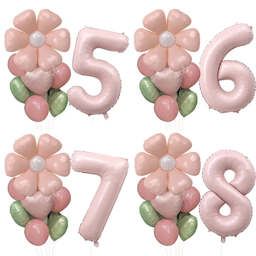 13pcs Pink Daisy Balloon with 40inch Vintage Pink Foil Number Set For Birthday Anniversary DIY Party Decorations Gifts Supplies