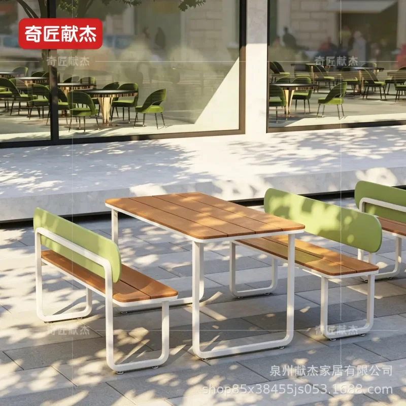 Outdoor Wrought Iron and Wood Table and Chair Set with Colorful Backrest Commercial Sunscreen Leisure Bench for Courtyard