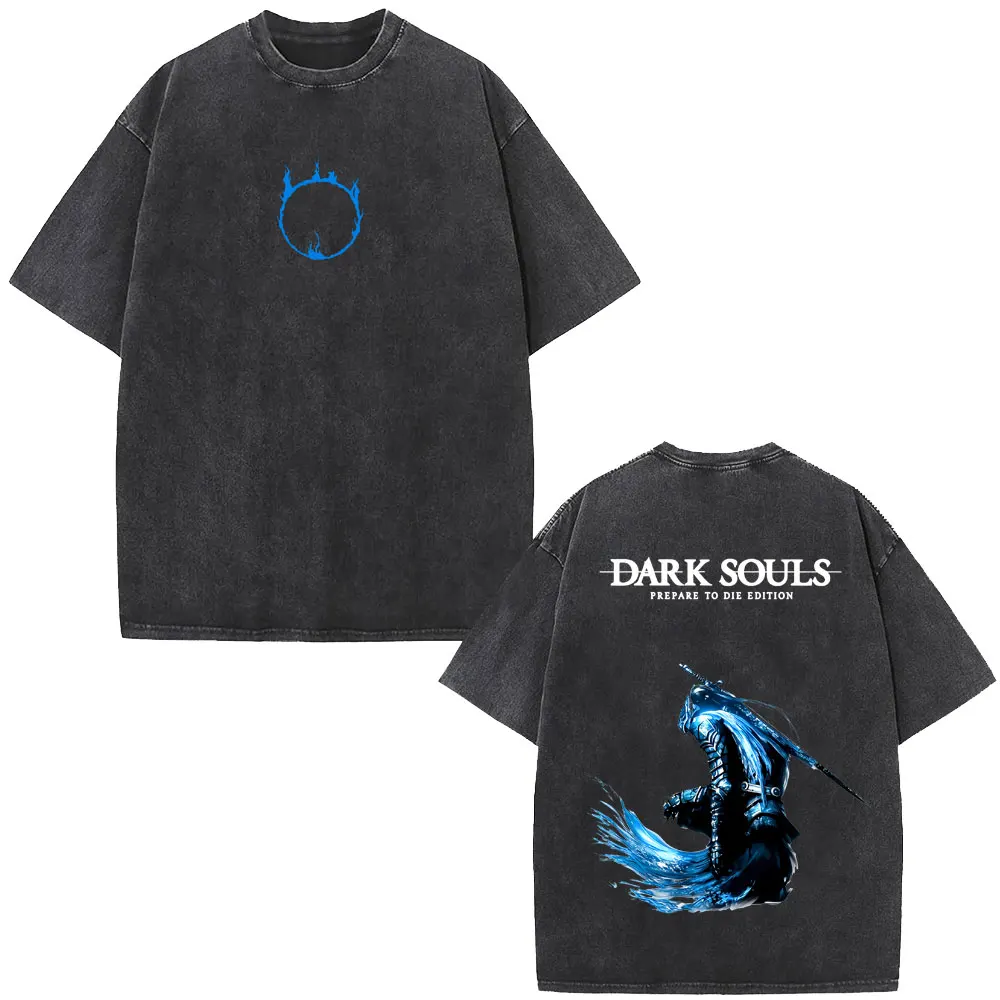 Washed Vintage Game Dark Souls Artorias The Abysswalker T-shirt Men Women 90s Gothic Rock Casual Oversized T Shirts Streetwear