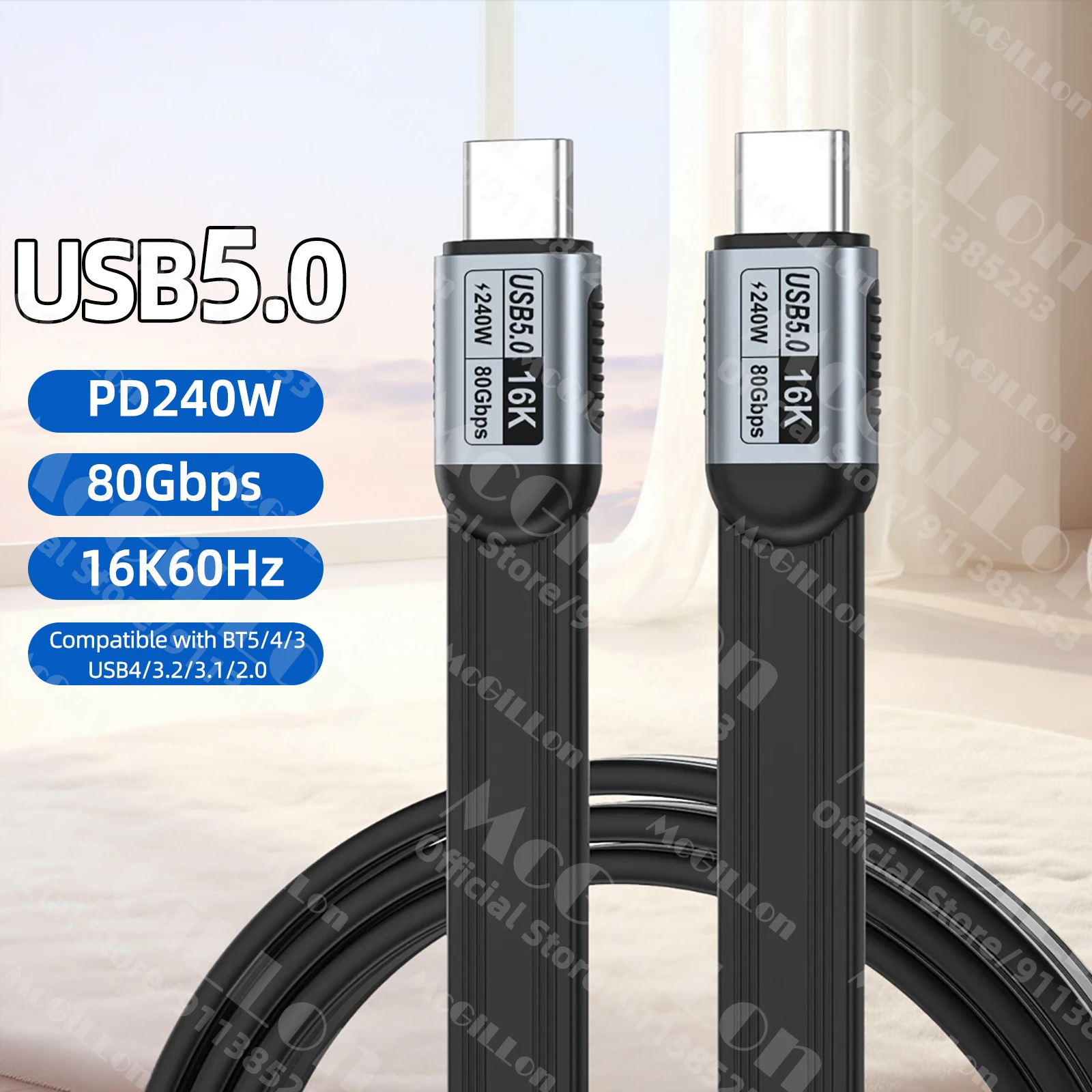 80Gbps USB5.0 USB-C Multifunktionskabel Flaches USB 5 Datenkabel 16K@60Hz PD 240W Kabel für Thunderbolt5 iPhone 17/16 Samsung Xiaomi