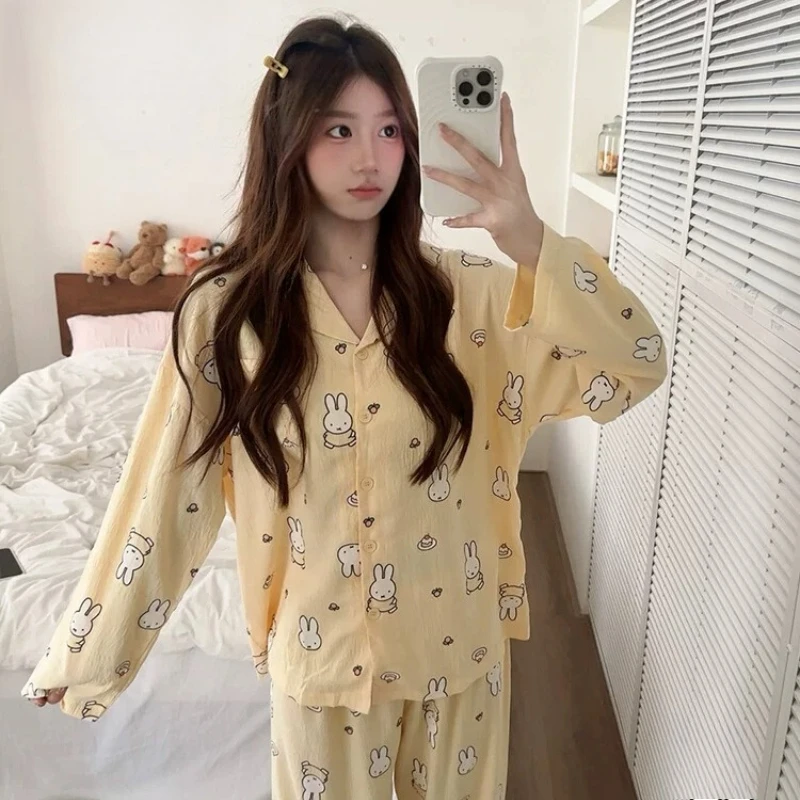 Miffy Kawaii Anime Cartoon Pajamas Type Pure Cotton Lady Summer Splicing long sleeves Sleeves Trousers Leisure Lounge Clothes