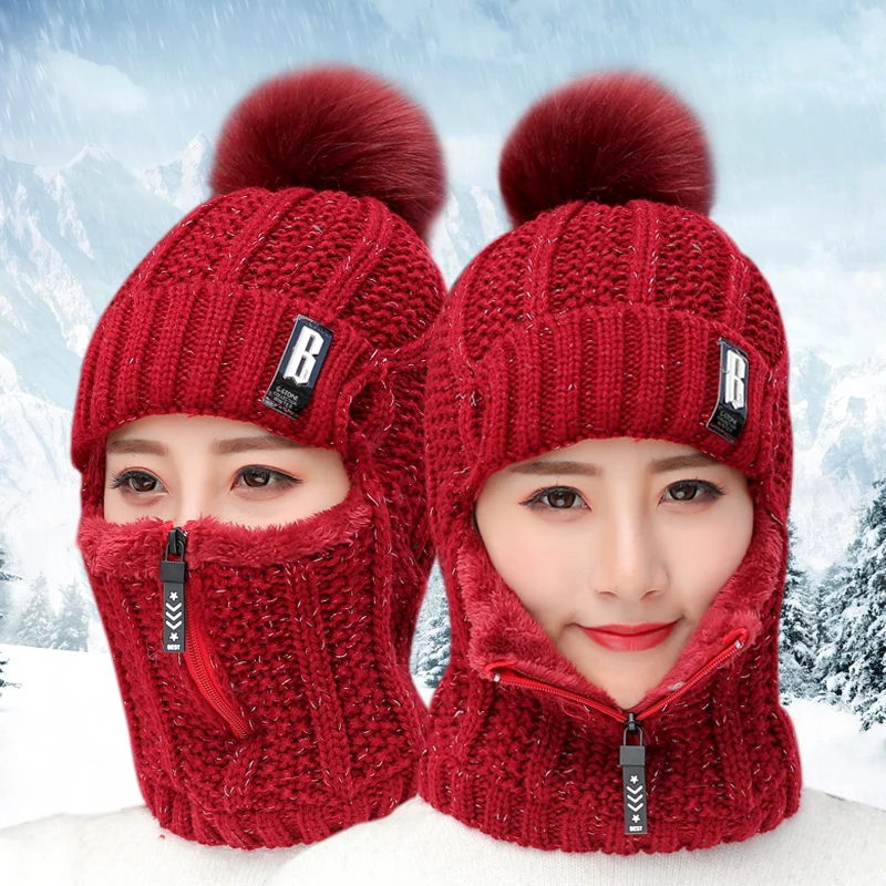 Coral Fleece Women Knitted Hats Add Fur Warm Winter Hats for Women with Zipper Scarf  Keep Face Warmer Balaclava Pompoms Cap