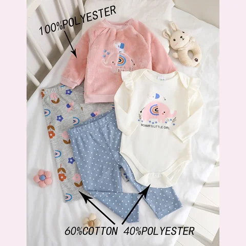 Baby Girl Clothes 4PCS Baby Girl Onesie + Top + 2 Pants Autumn and Winter Long-Sleeved Suit Suitable for 0-12 Months
