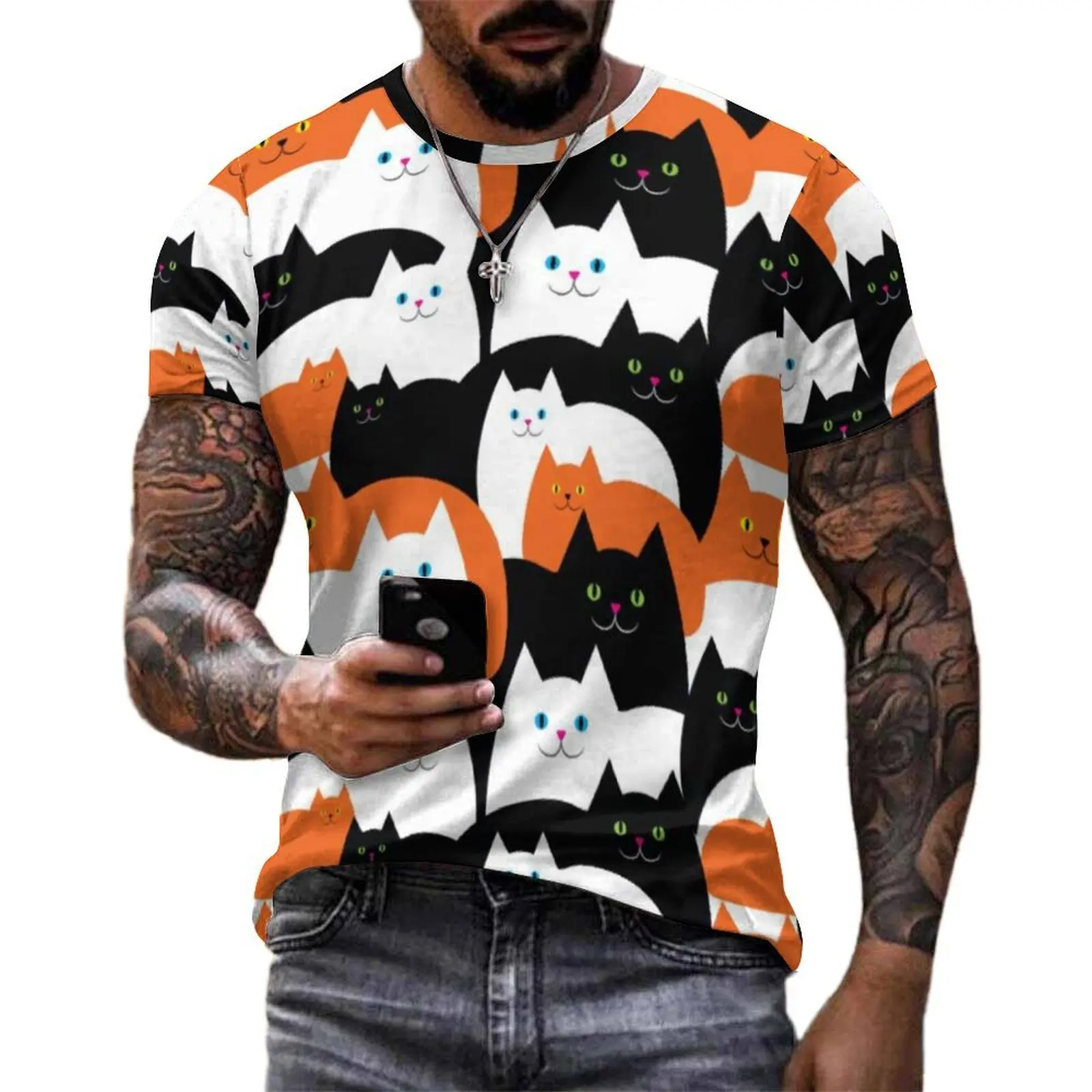 Halloween Cat T-Shirt Funny Cats Trick Or Treat Retro T Shirts Men Street Style Tee Shirt Summer Short Sleeves Graphic Clothing