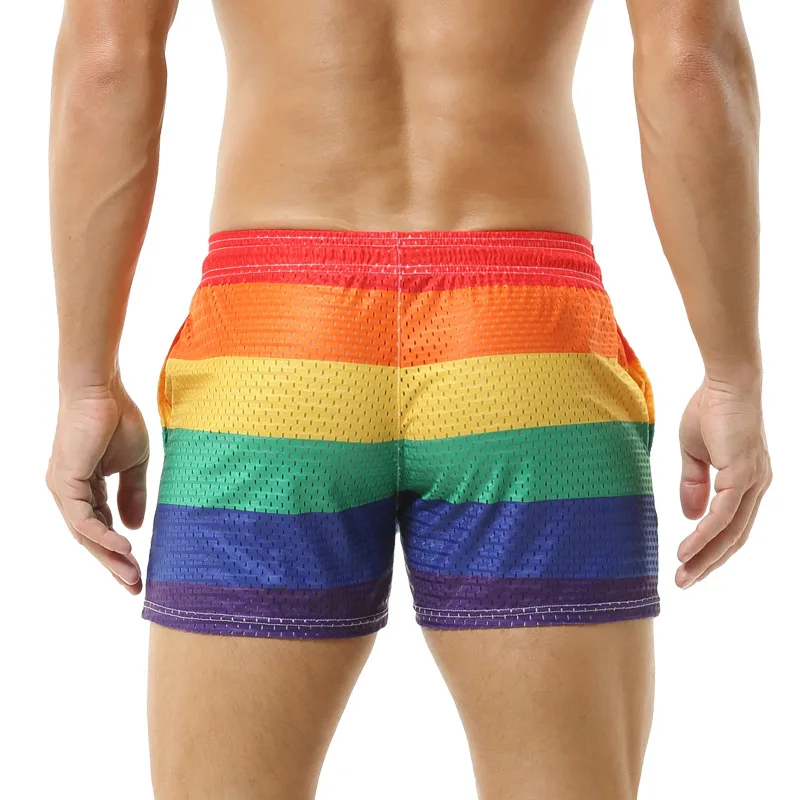 Men's Sexy Beach Short Pants Rainbow Mesh Trunks Sexy Beachwear Casual Boxers Shorts Bottoms Pocket Quick-dry Drawstring