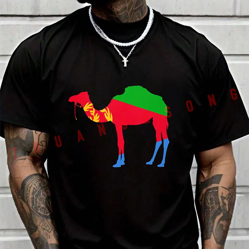 

Летняя футболка с флагом Эритреи и верблюдом для райдеров, мужская и женская модная повседневная футболка высокого качества с круглым вырезом