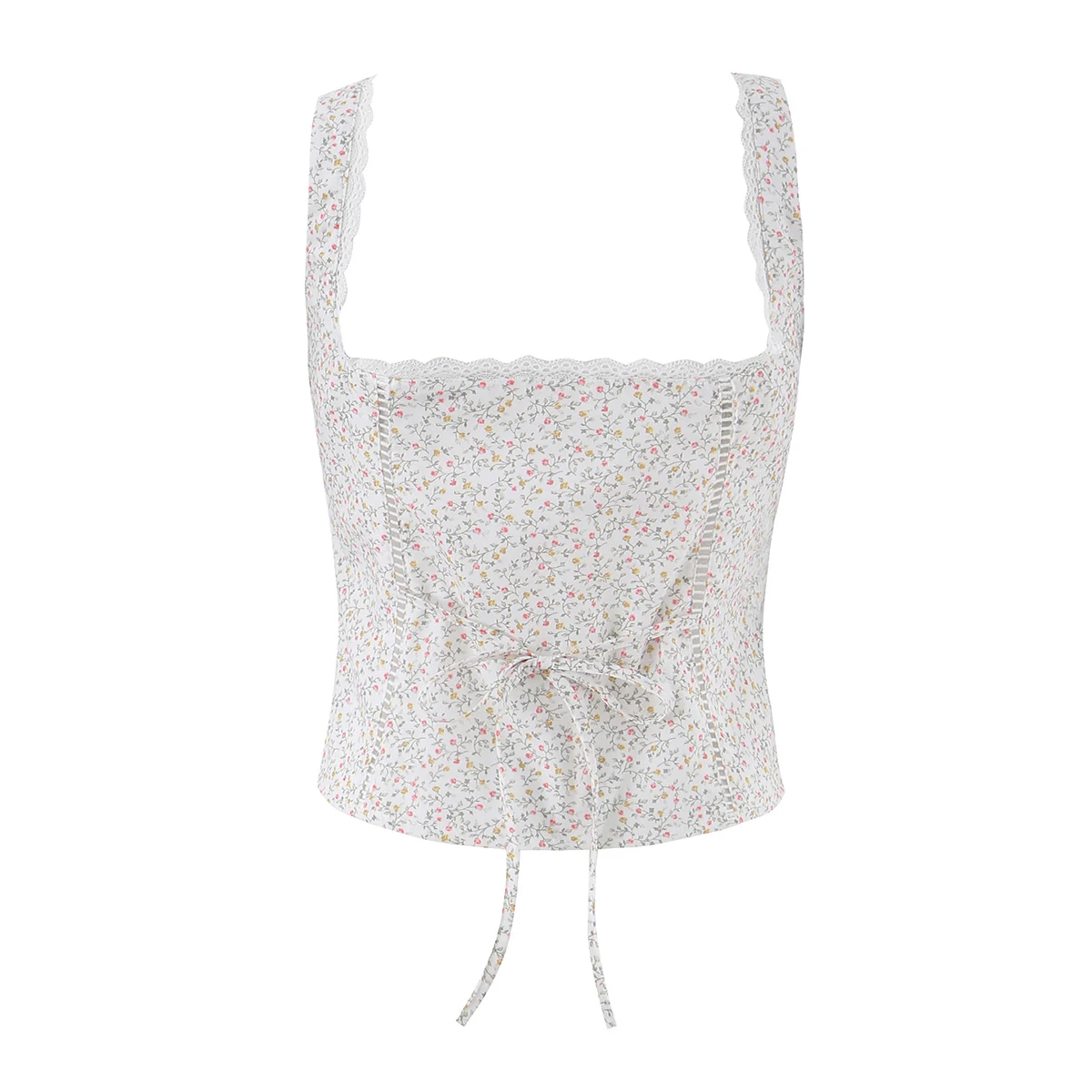 2 colors Women Floral Print Spliced Hollow Out hole Lace Tank Tops Bow V neck Zip up Side Crop Top Girl Slim Camisole Tee Vests