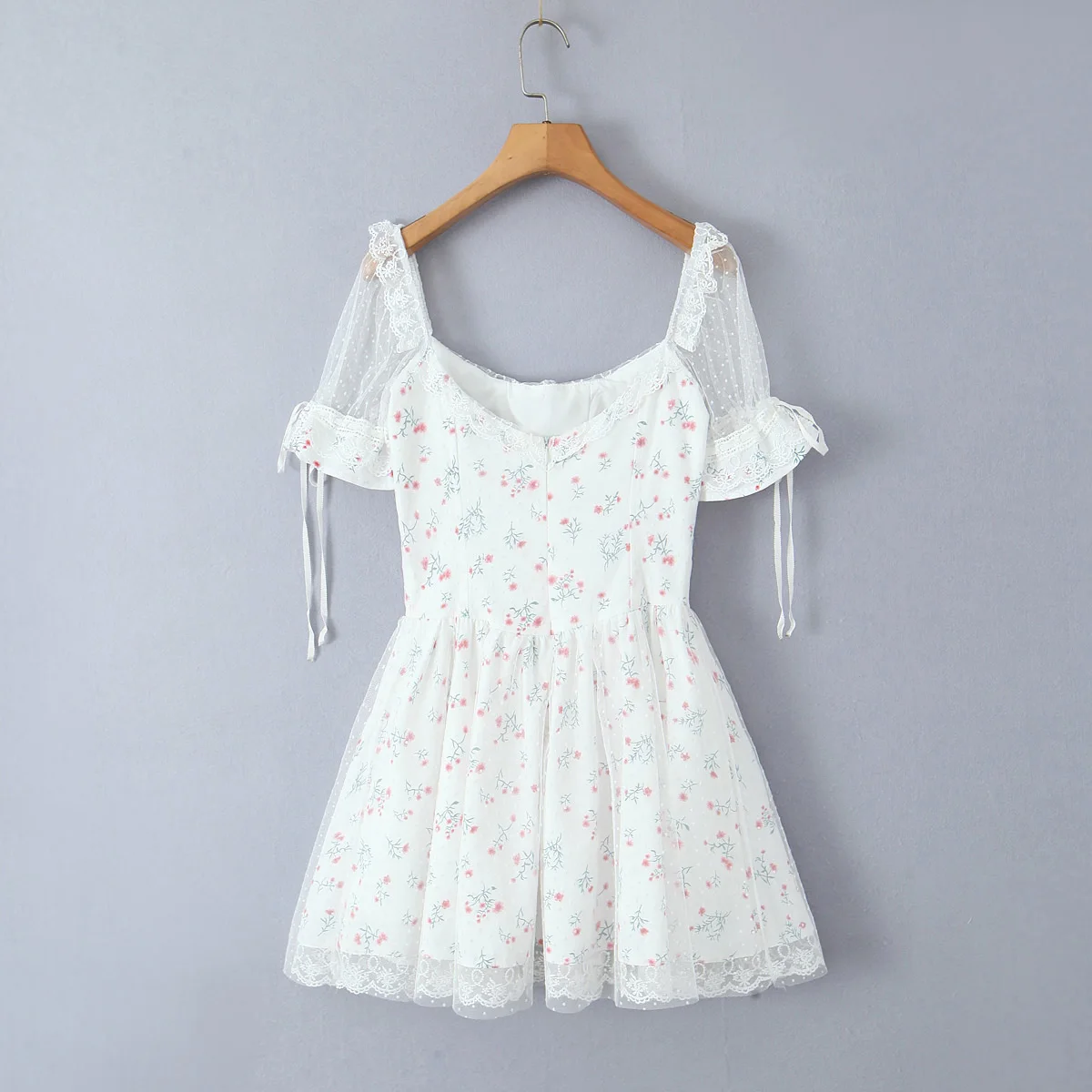 Pastorale bloemen tie-up polka dot mesh kanten jurk 2025, zomer vierkante hals korte mouw damesjurken casual strandvakantie jurk
