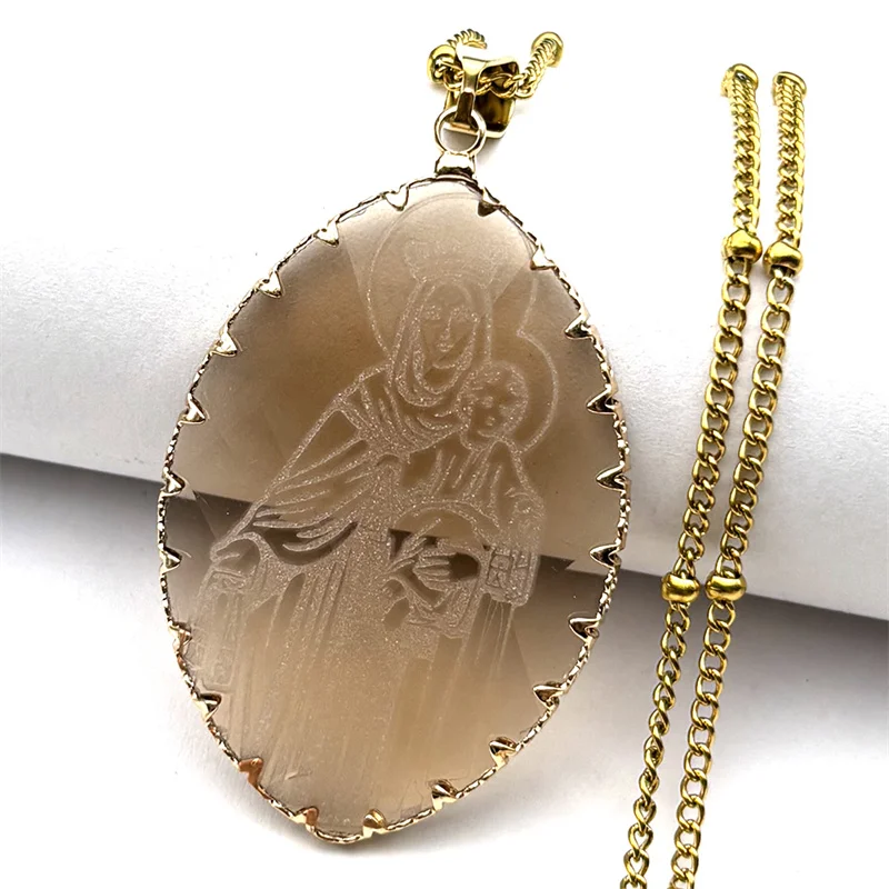 Collar con medalla de bebé de la Virgen María para hombres y mujeres, collares con colgante religioso de cristal con forma de gota de agua de acero inoxidable, joyería