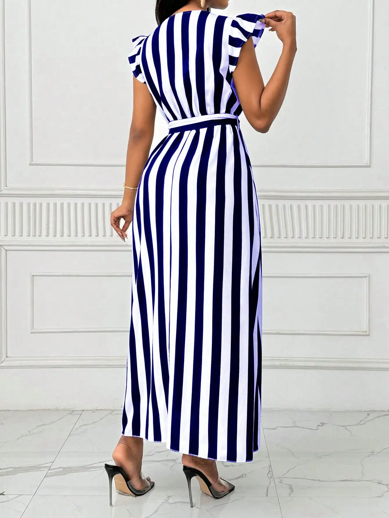Women's Ruffled Sleeve Striped Dress Casual Vintage Long Sleeve Dress Maxi Dress