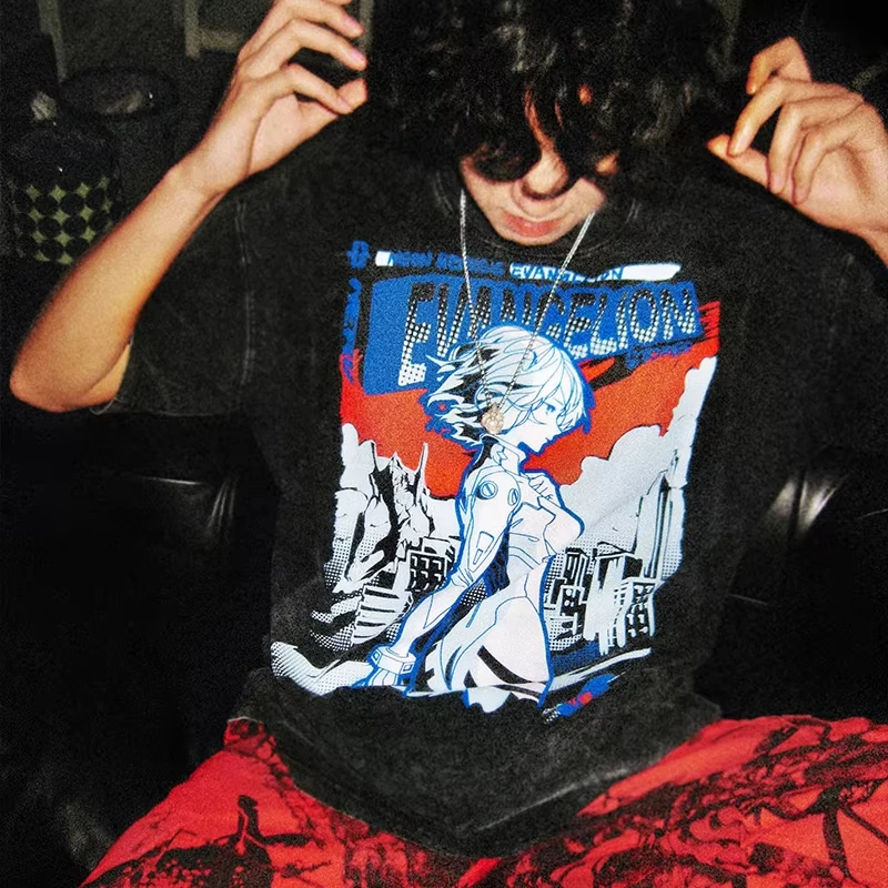 

Japanese anime T-shirt Eva Rei Ayanami unisex short-sleeved washed T-shirt retro women's loose sports casual comfortable top