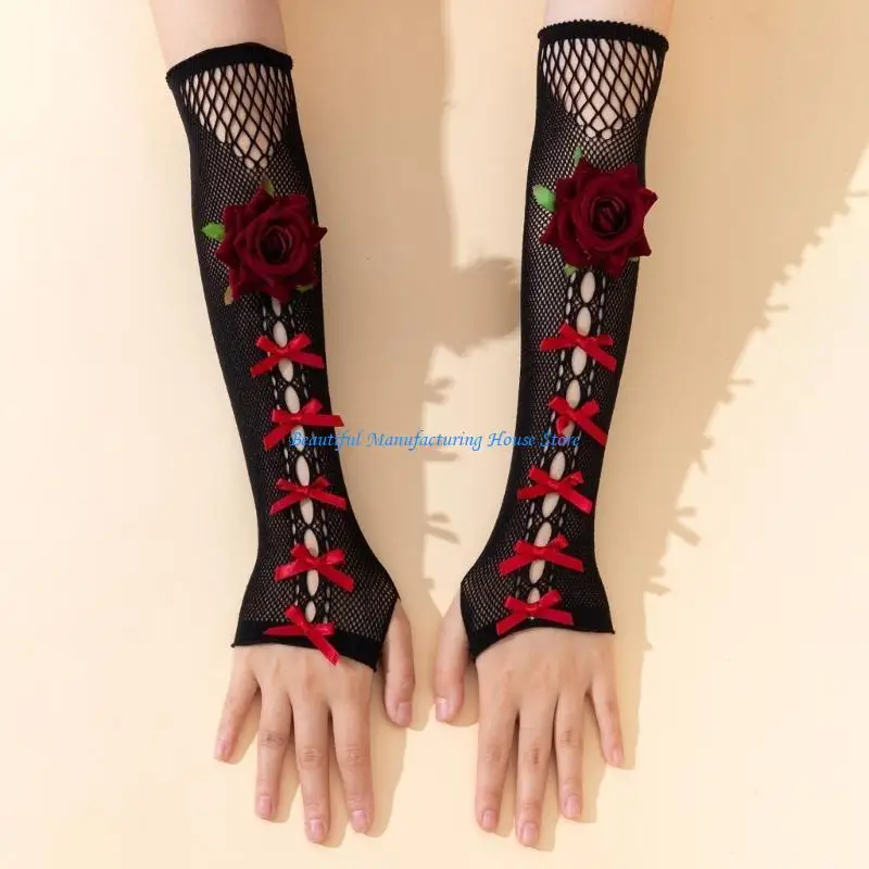 E56A Fingerless Bowknot Gloves for Women Party Arm Sleeves Halloween Theme Gloves for Festival Rocker Punk Handwear
