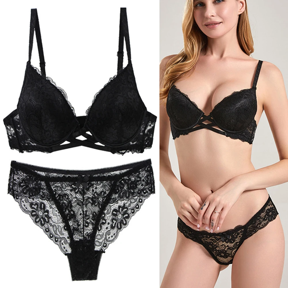 

Women Lace Bra Sets Embroidery Floral Lace Lingerie Underwear Without Steel Ring Deep V Bra Brief Thin Panties Intimates