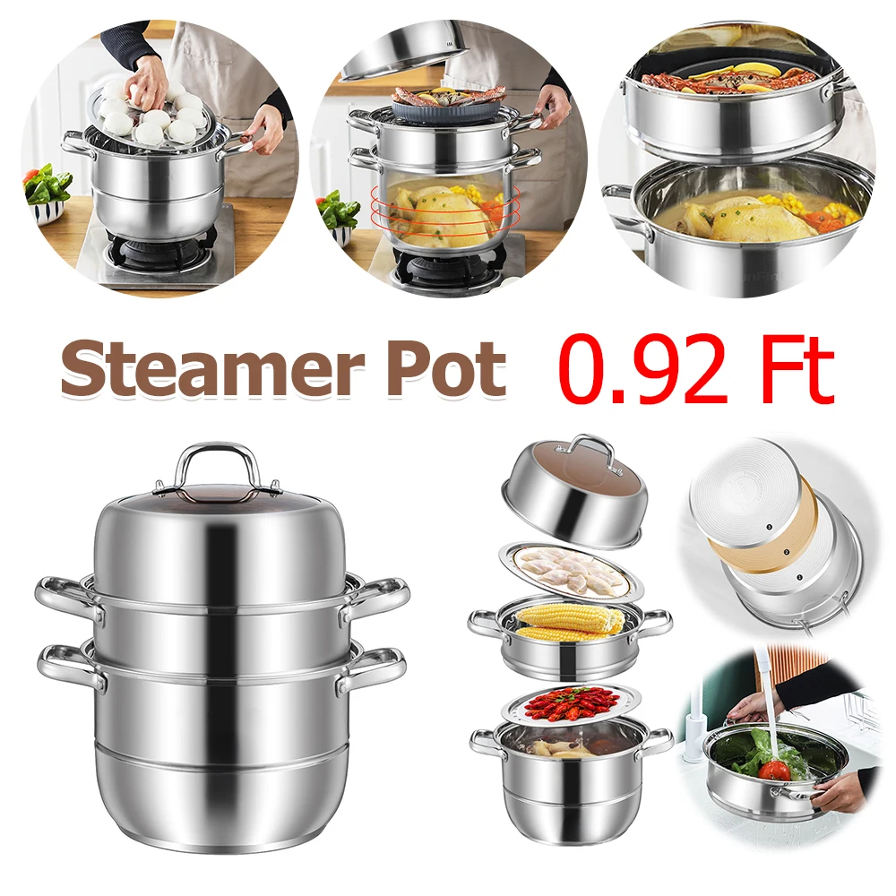 

0.92Ft Extra Deep Steamer Pot with Lid Handle 3 Tier Traditional Dim Sum Steamer Stackable Steaming Pots for Vegetable Dumpling
