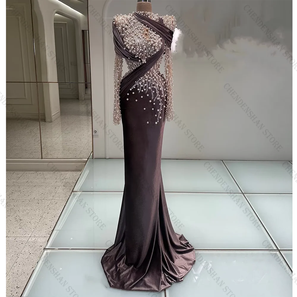 

Vintage Muslim Evening Dresses Mermaid Long Sleeves Formal Occasion Dresses With Pearls Prom Gowns