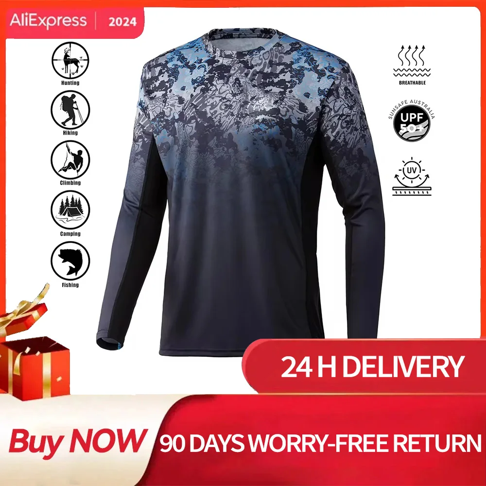 UV Protection Outdoor Sports Crewneck Tops,Running Sun Protection T-Shirts, UPF50+ Men's Long Sleeve Fishing Shirt - Breath