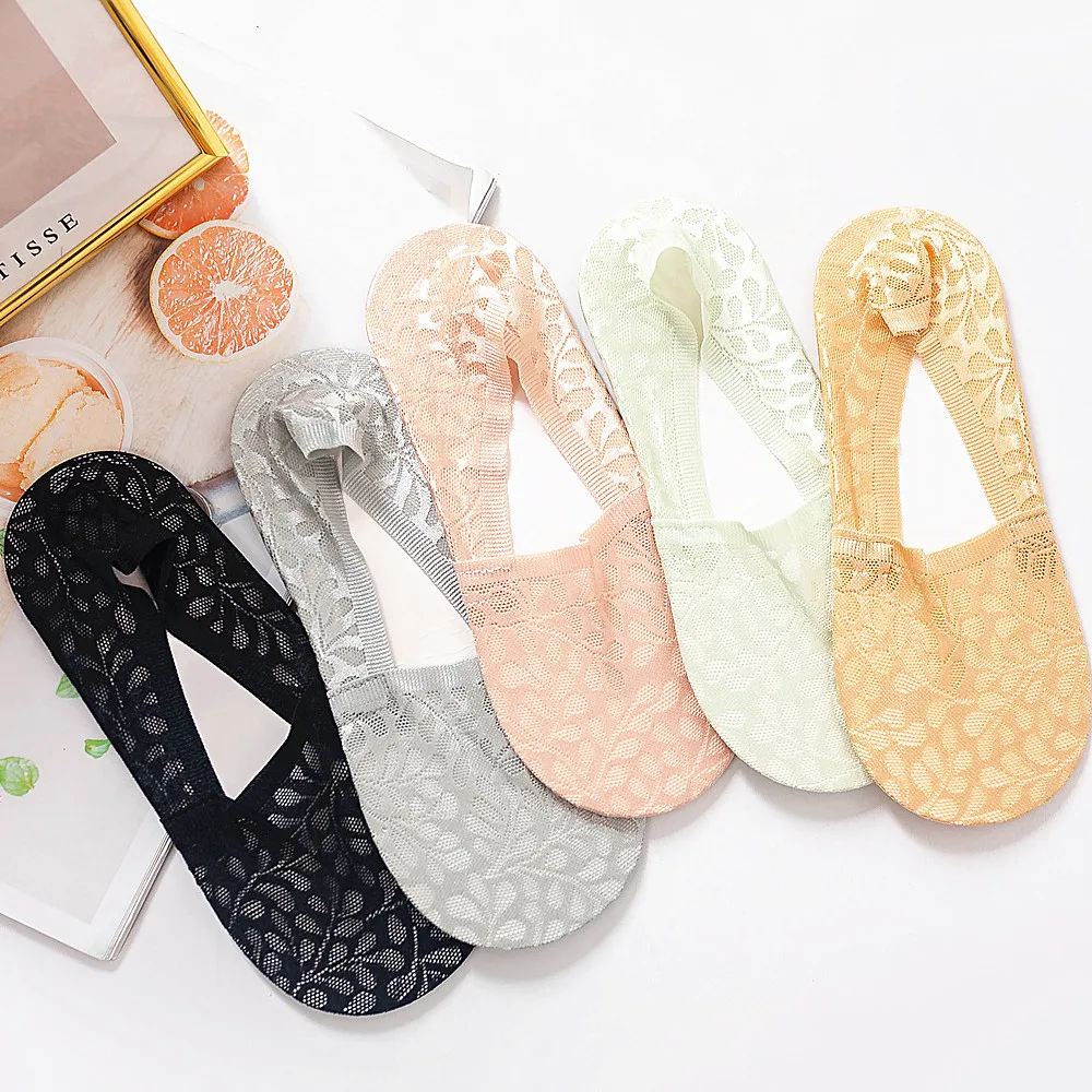 Silicone Anti-slip Short Socks Sexy Lace Flower Mesh Breathable Ankle Socks Summer Thin Invisible Low Cut No Show Socks Slippers