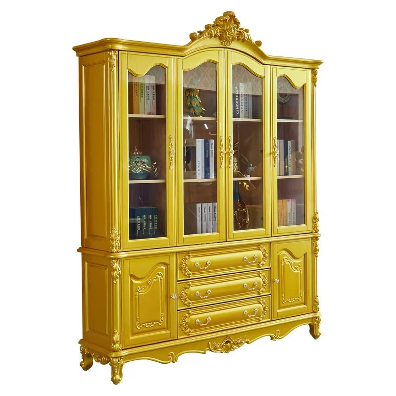 European four-door bookcase, solid wood carving flower glass door storage cabinet
