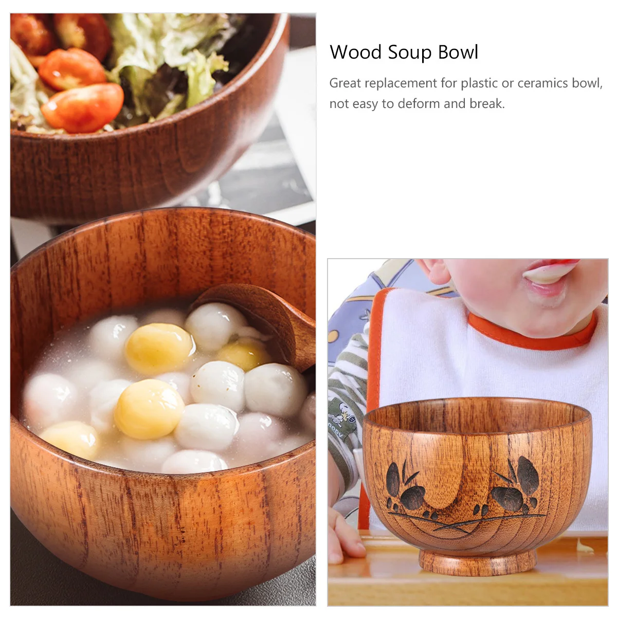 

Baby Wood Soup Bowl Wooden Bowl Carved Pattern Durable Eco-Friendly Food Container Tableware Wood Food Container